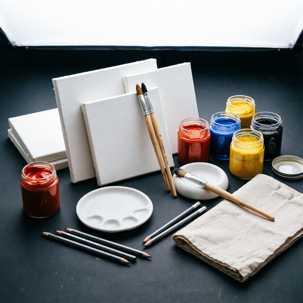 Conjunto de telas brancas, pincéis, lápis, paleta de cerâmica e frascos de tinta acrílica colorida