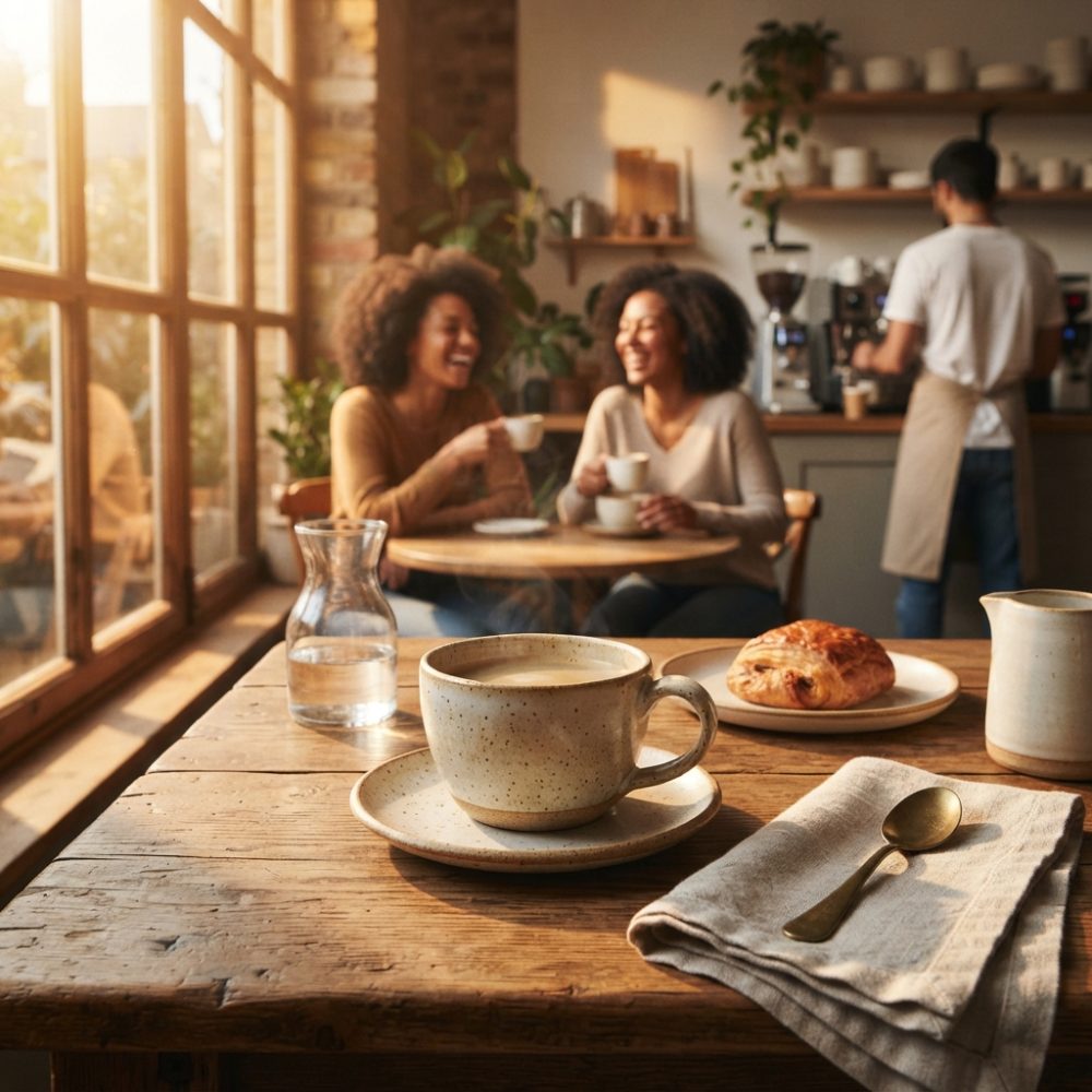 Mesa rústica com café, pastelaria, duas mulheres a rir e barista a preparar café num café acolhedor