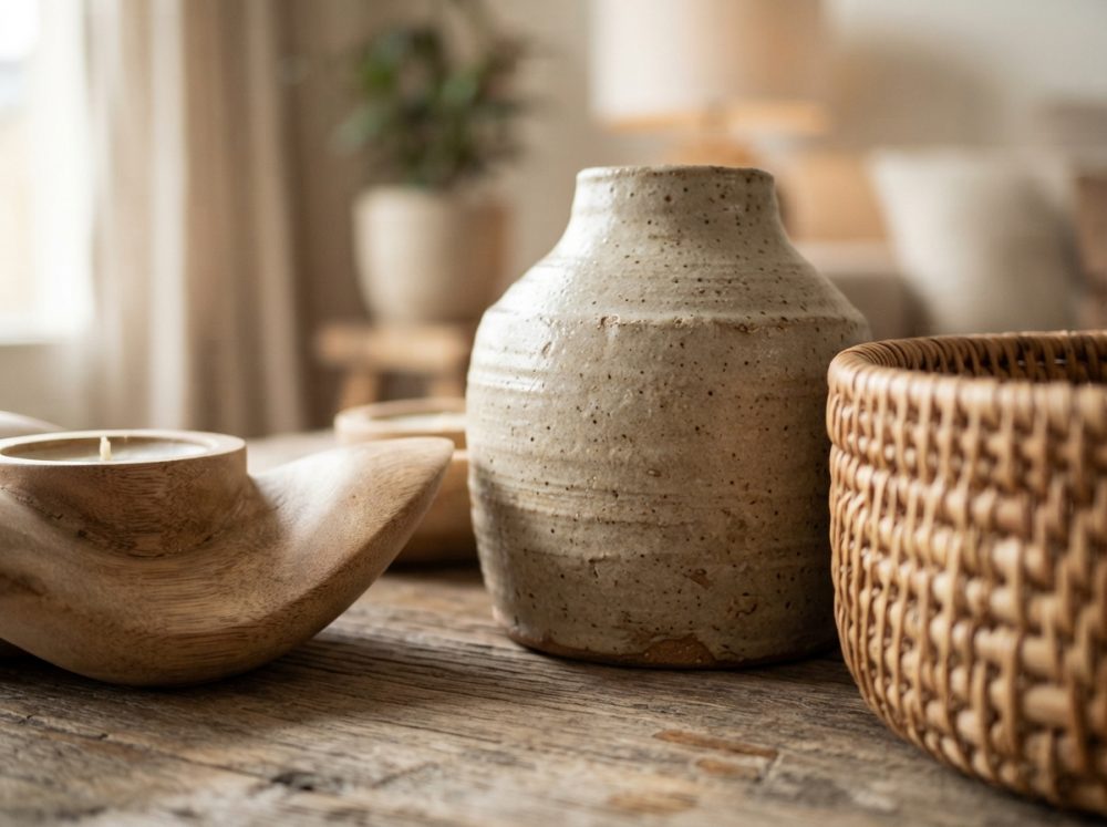 Vaso de cerâmica, castiçal de madeira e cesta de rattan sobre mesa rústica
