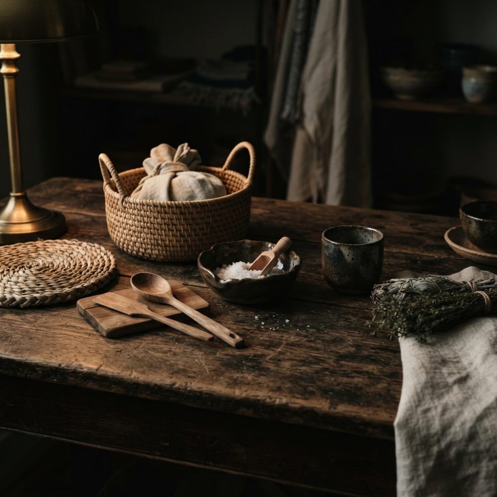 Mesa de madeira com utensílios artesanais de cozinha e cestos de palha, ambiente rústico e acolhedor