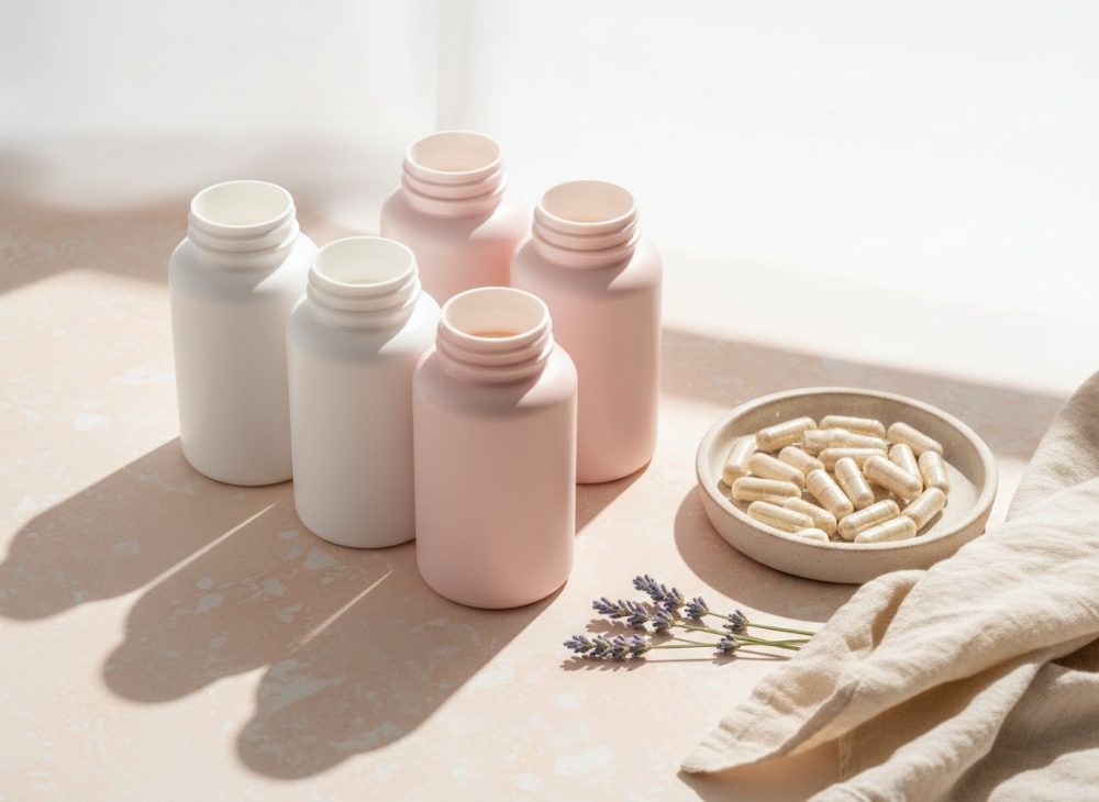 Cinco frascos abertos de suplementos e cápsulas num prato com raminhos de lavanda e tecido bege