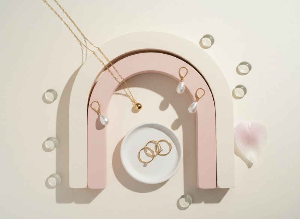 Joias finas de ouro com pingentes de pérola dispostas em base neutra com arcos rosa e branco
