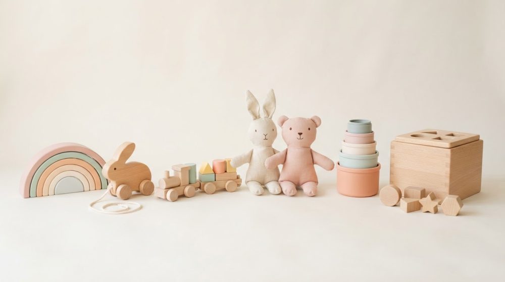 Brinquedos infantis em madeira e tecido em tons pastel organizados numa linha sobre fundo claro