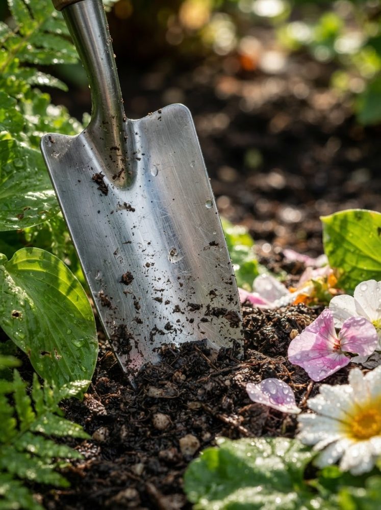 Enxada metálica a cavar terra húmida junto a folhas verdes e flores com gotas de orvalho