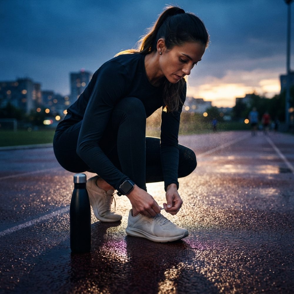 Mulher agachada a amarrar sapatilha numa pista de corrida molhada com garrafa preta ao lado ao entardecer