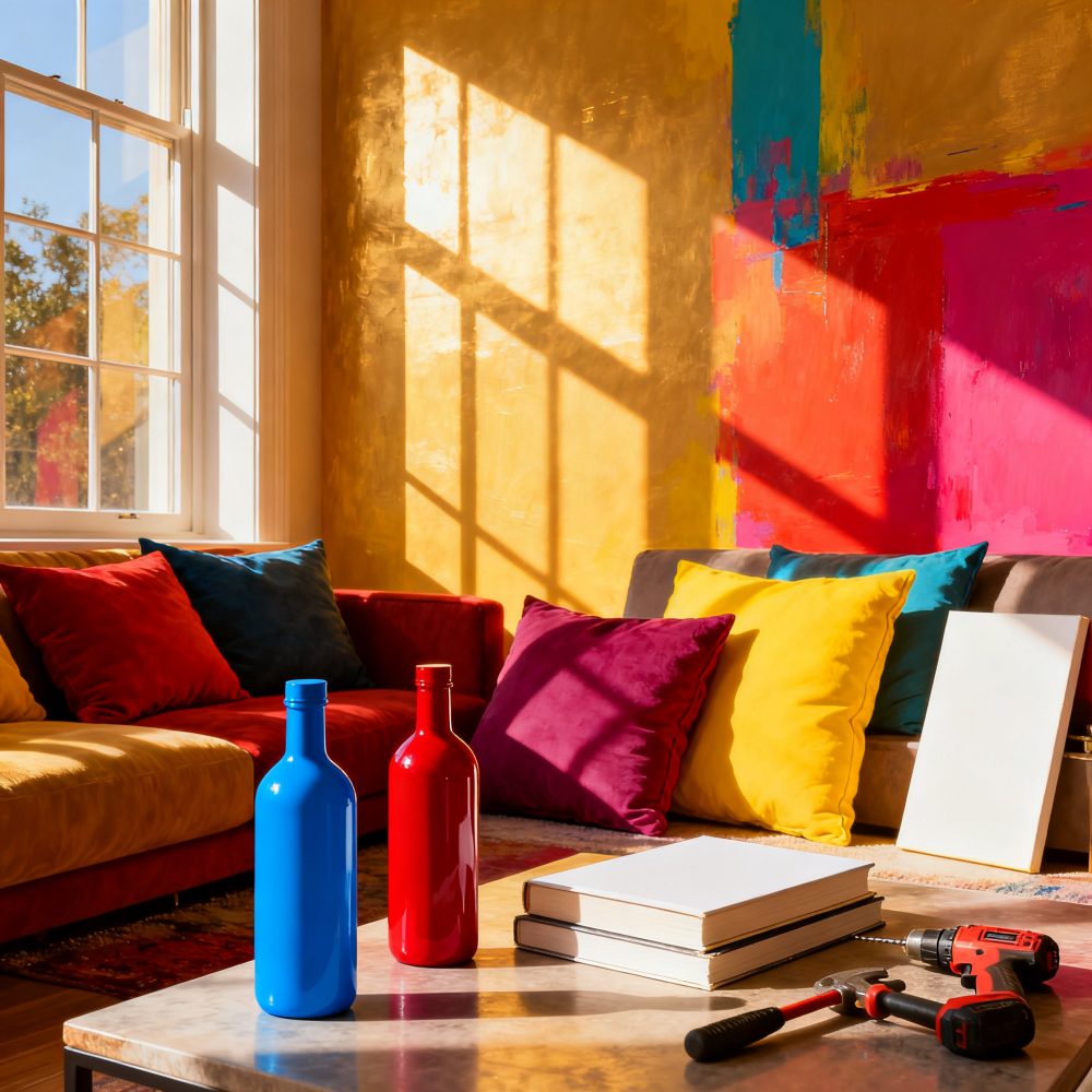 Sala colorida com almofadas, mesa com livros, garrafas vermelha e azul e ferramentas
