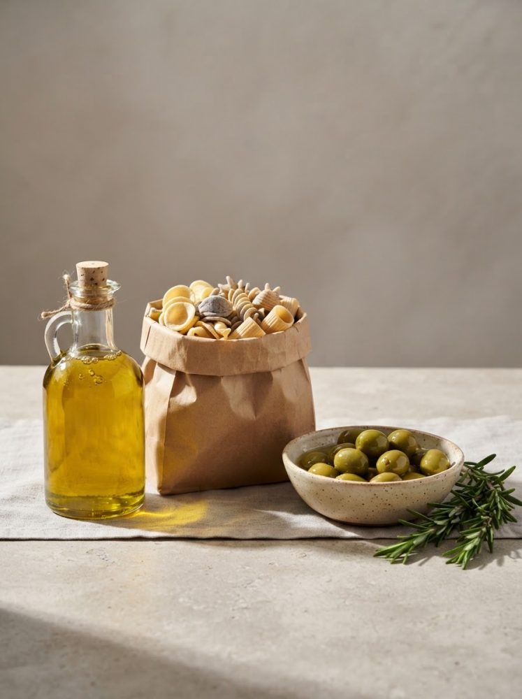 Garrafa de azeite, saco com massa artesanal e tigela com azeitonas verdes e ramo de alecrim sobre mesa clara.