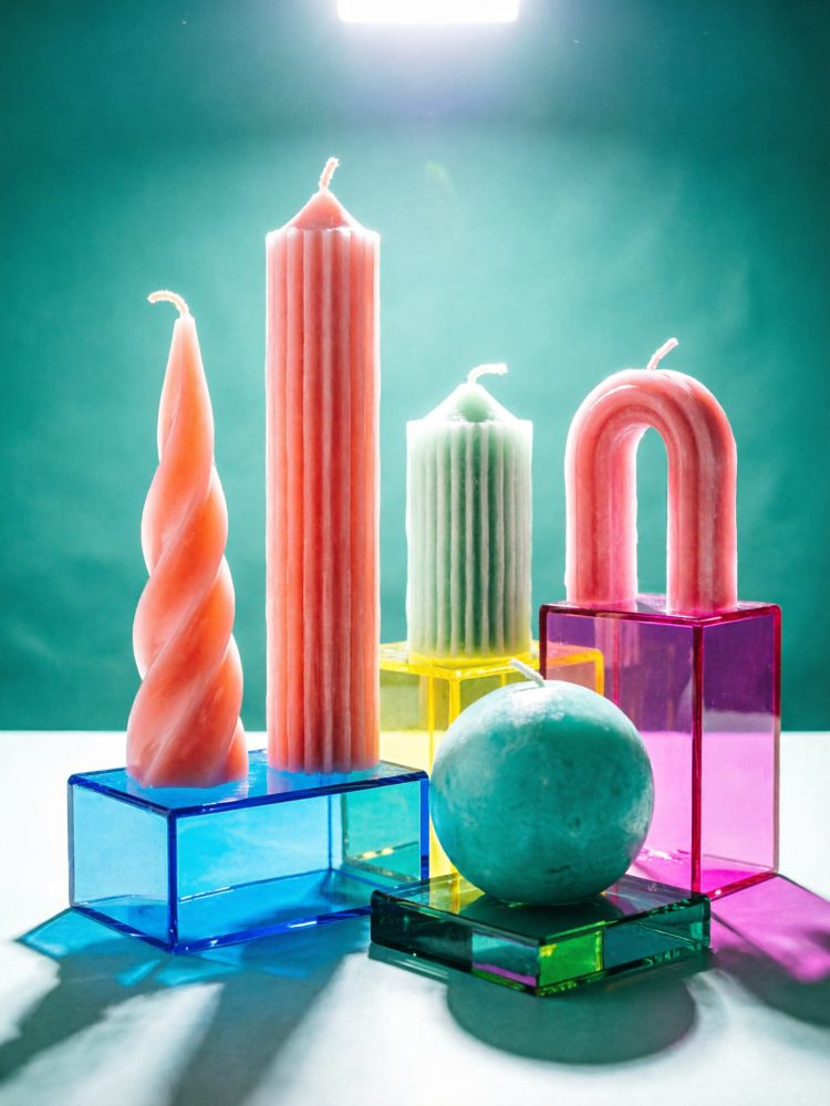 Cinco velas coloridas em diferentes formas sobre suportes geométricos translúcidos com fundo verde