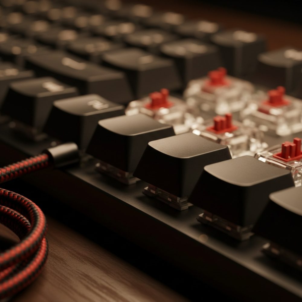 Teclado mecânico com interruptores vermelhos e teclas pretas com cabo trançado vermelho e preto