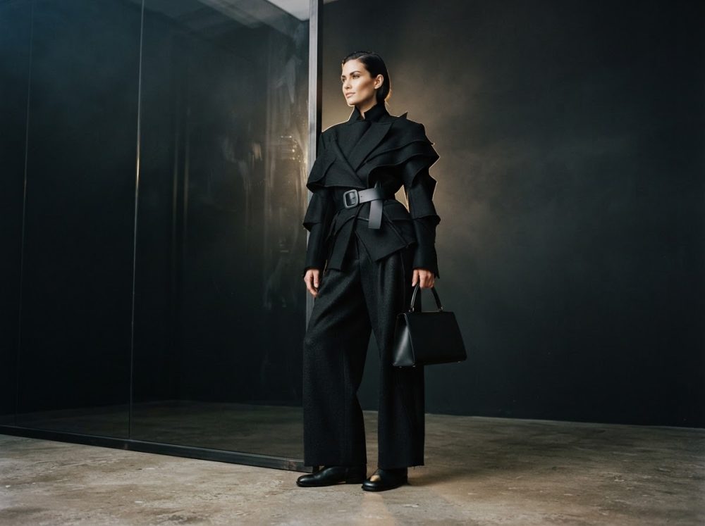 Mulher com conjunto preto estruturado, mala preta, em cenário minimalista escuro