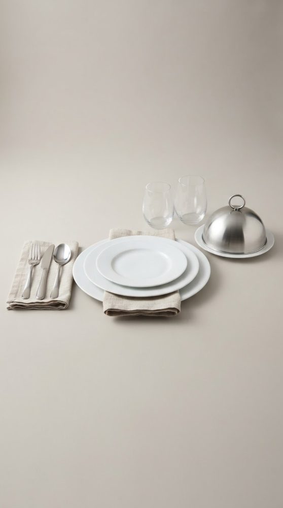 Conjunto de pratos brancos, talheres metálicos, copos de vidro e cloche metálico sobre fundo claro