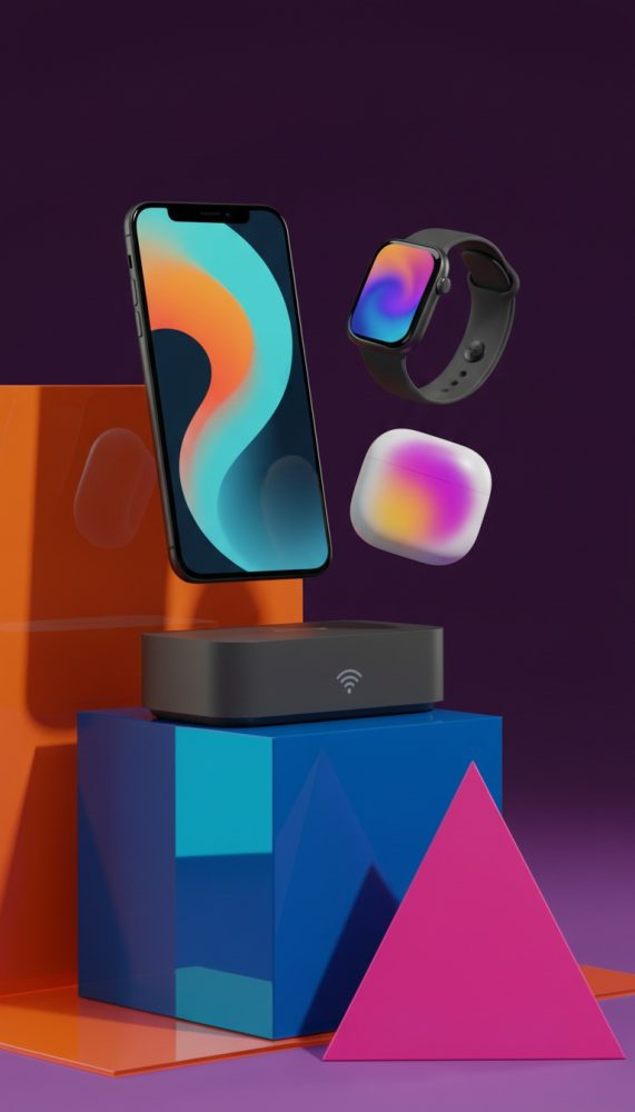 Smartphone, smartwatch e auriculares wireless flutuando sobre suportes geométricos coloridos