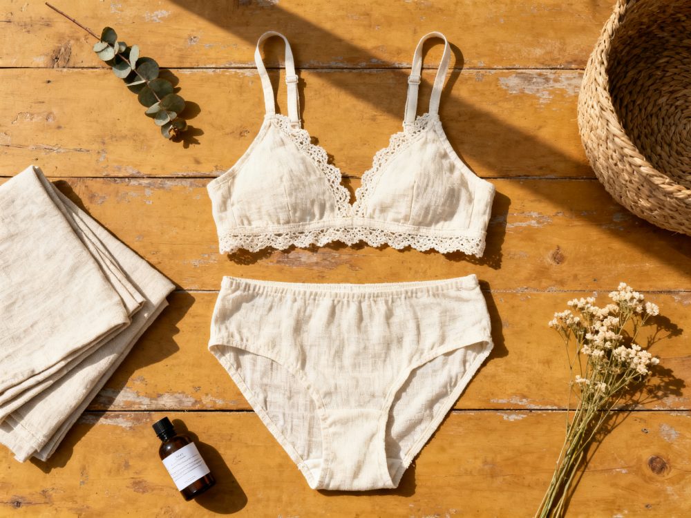 Conjunto creme de lingerie com renda, composto por sutiã de alças e cueca sobre madeira, com flores e frasco ao lado