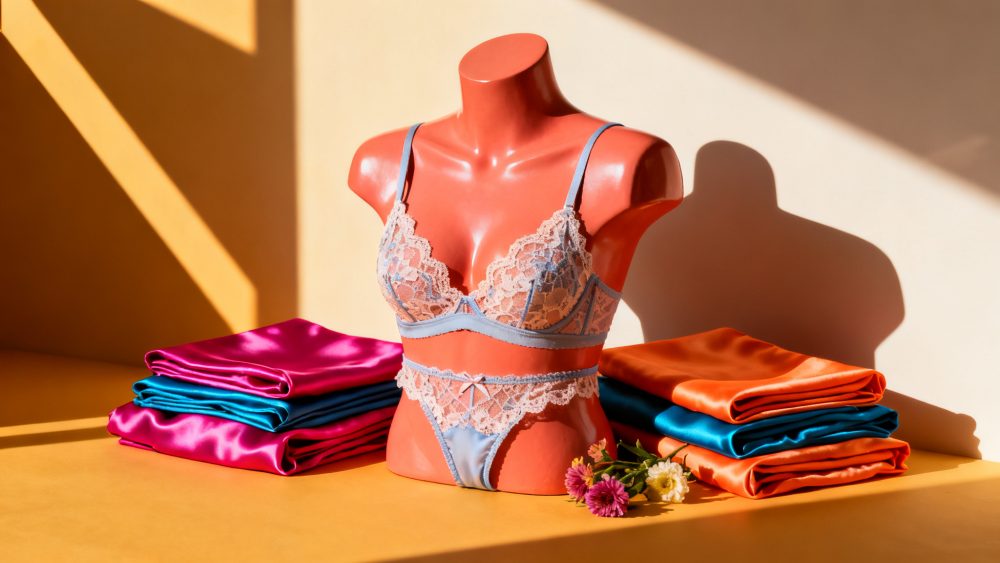 Manequim com conjunto de lingerie azul claro rendado rodeado por tessidos acetinados coloridos