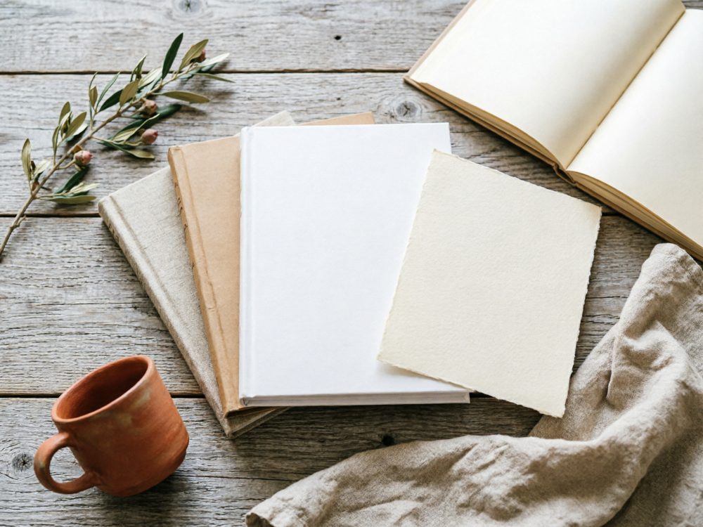 Livros com capas neutras sobre mesa de madeira envelhecida junto a caneca e folhas