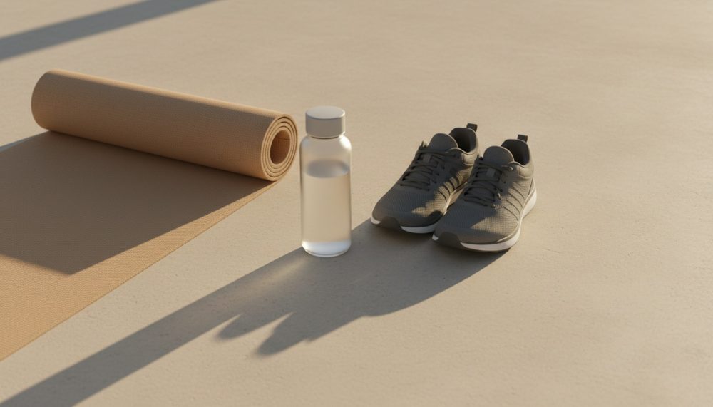 Tapete de yoga castanho, garrafa de água transparente e sapatilhas cinzentas sobre chão neutro com luz suave