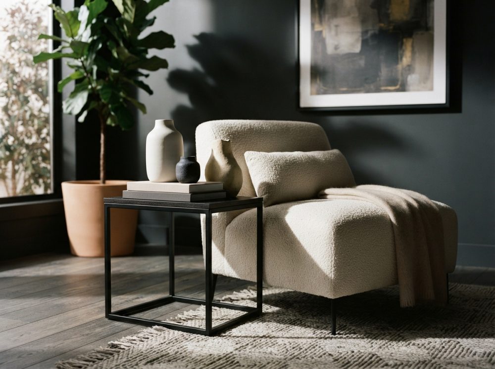 Cadeirão creme com manta, mesa lateral preta com vasos e planta em sala com parede escura e quadro abstrato