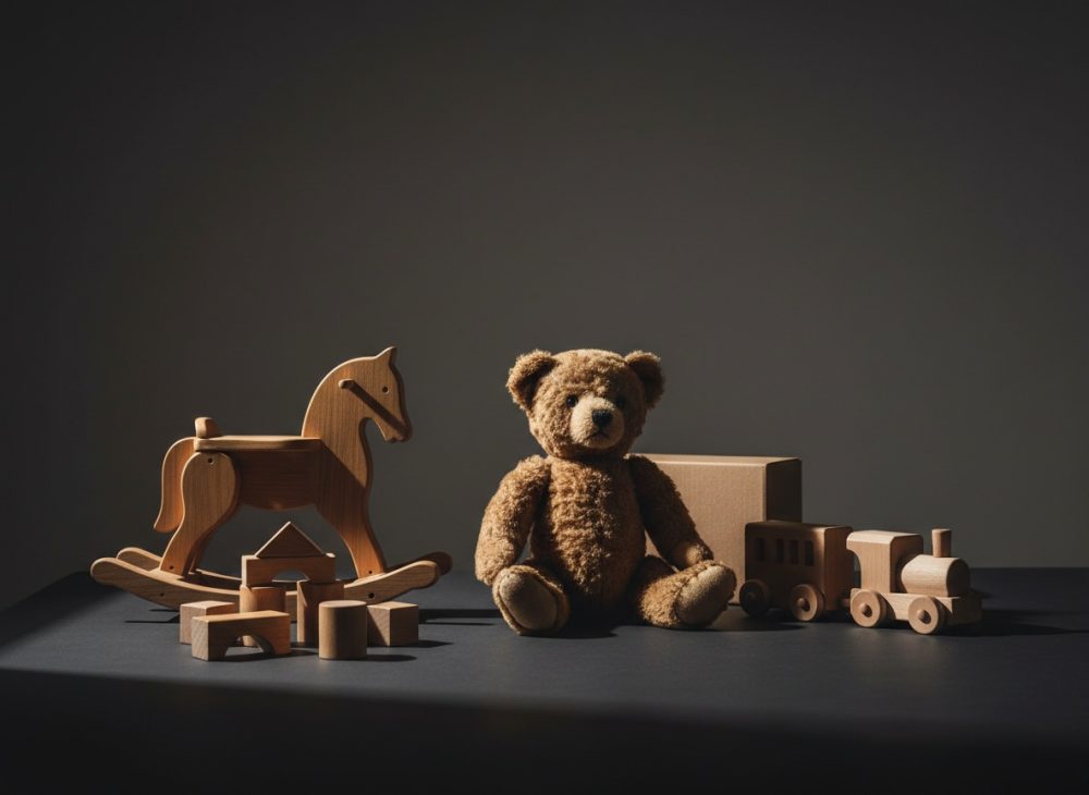 Brinquedos clássicos em madeira com urso de peluche em fundo escuro
