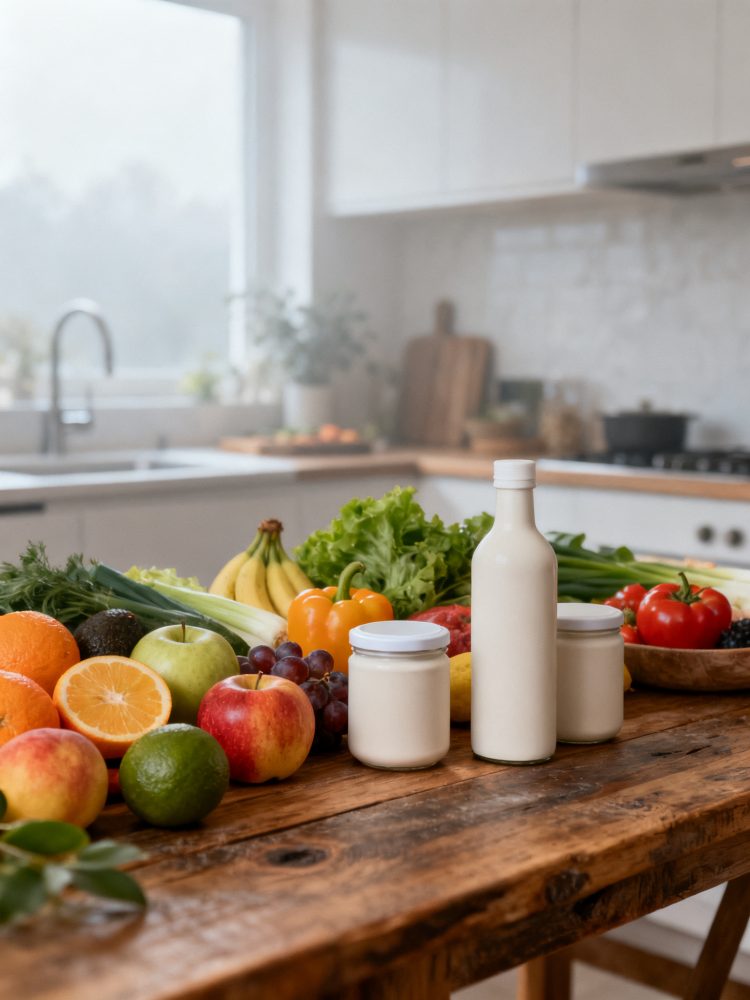 Mesa de cozinha com frutas frescas variadas e frascos de iogurte natural sobre madeira rústica