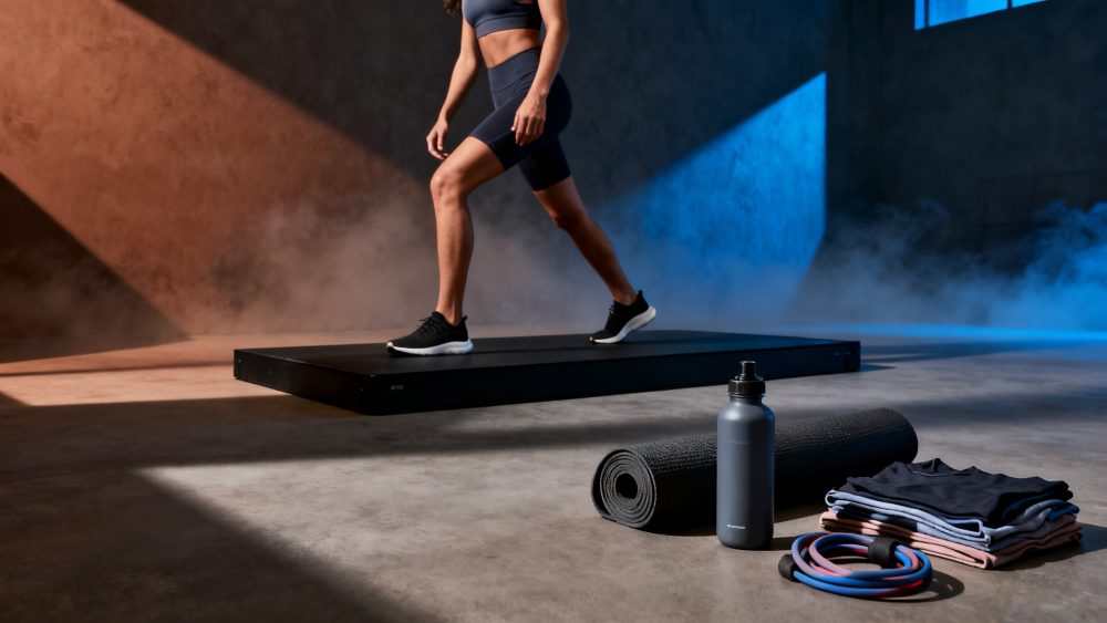 Mulher em roupa desportiva a fazer exercício numa plataforma com tapete, garrafa e elásticos no chão