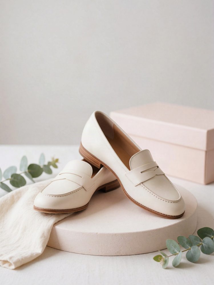 Sapatos mocassins brancos com sola castanha em exposição sobre superfície clara com folhas verdes