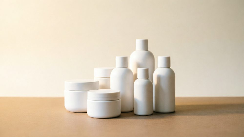 Embalagens brancas para cosméticos sobre superfície bege com luz suave