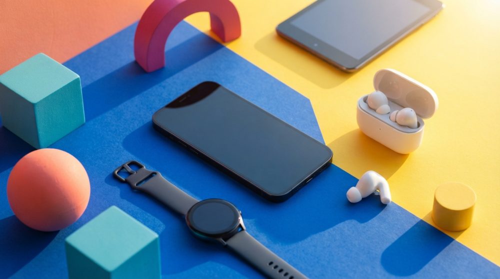 Dispositivos tecnológicos como smartphone, relógio inteligente e auriculares em fundo colorido geométrico
