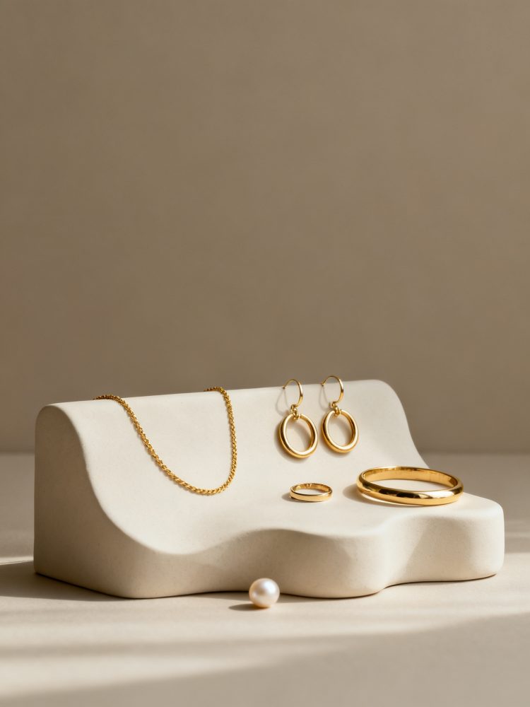 Conjunto de joalharia dourada com colar, brincos, anéis e pérola sobre suporte ondulado claro