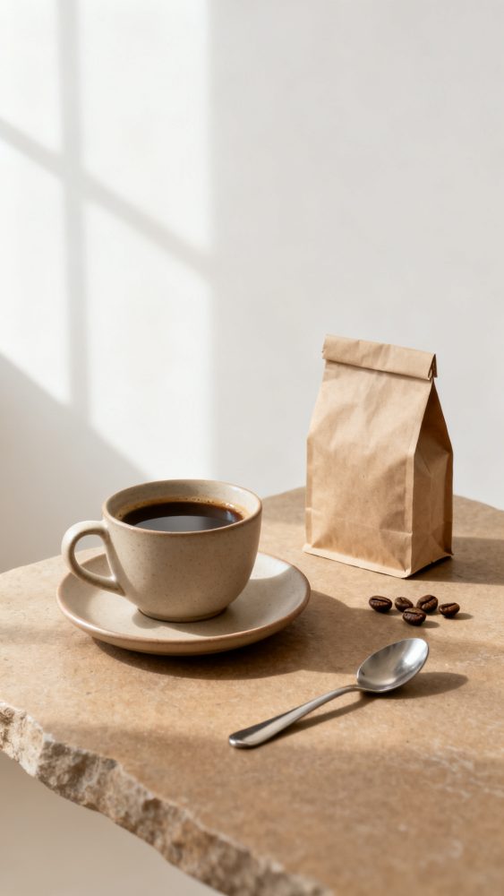Chávena de café preto com embalagem de papel e colher sobre mesa rústica iluminada por luz natural
