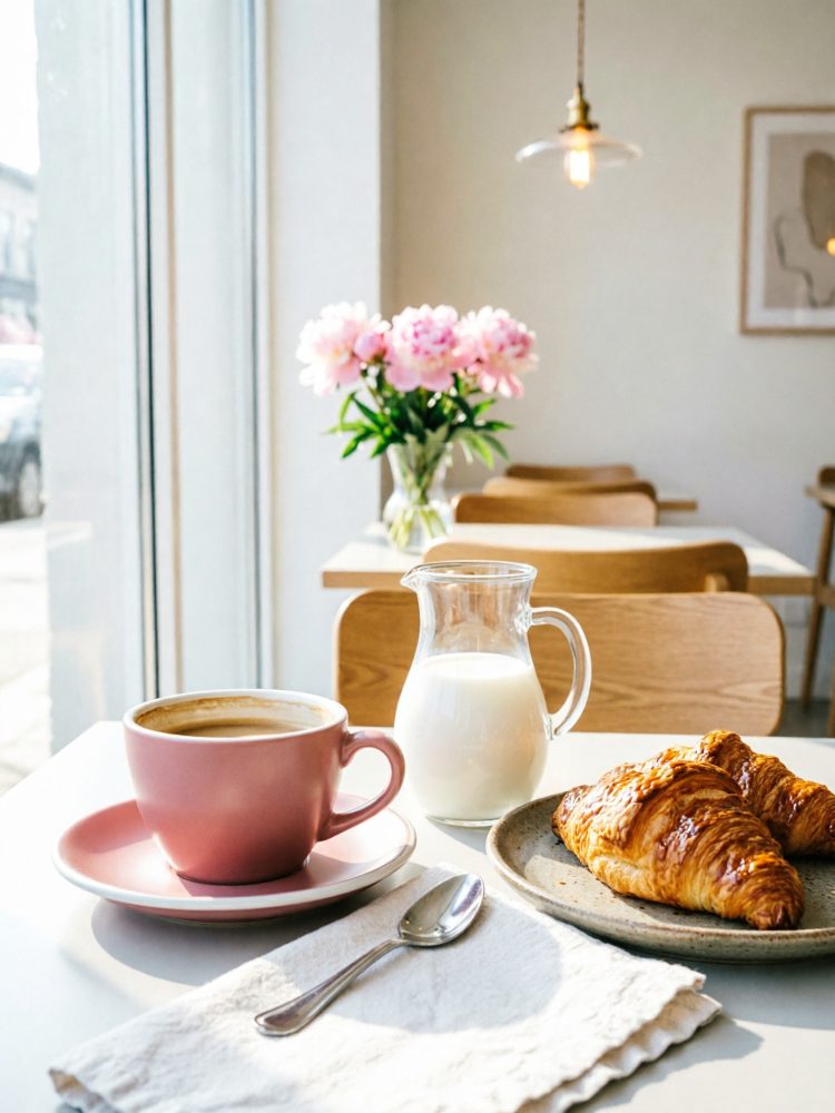 Café com leite e croissants numa mesa branca em cafeteria iluminada com flores ao fundo
