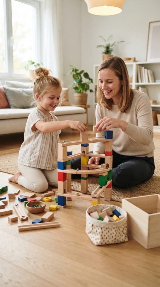 Mãe e filha a montar brinquedo de madeira colorido no chão de sala confortável e iluminada
