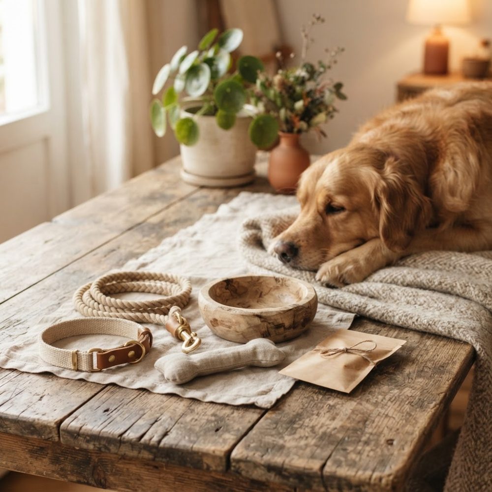 Cão dourado deitado junto a coleira, trela, comedouro de madeira e brinquedo sobre mesa rústica