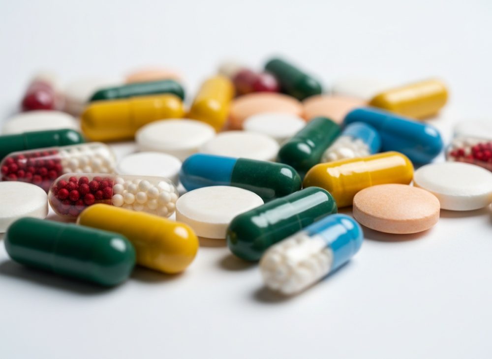 Suplementos coloridos em cápsulas e comprimidos dispersos sobre fundo branco