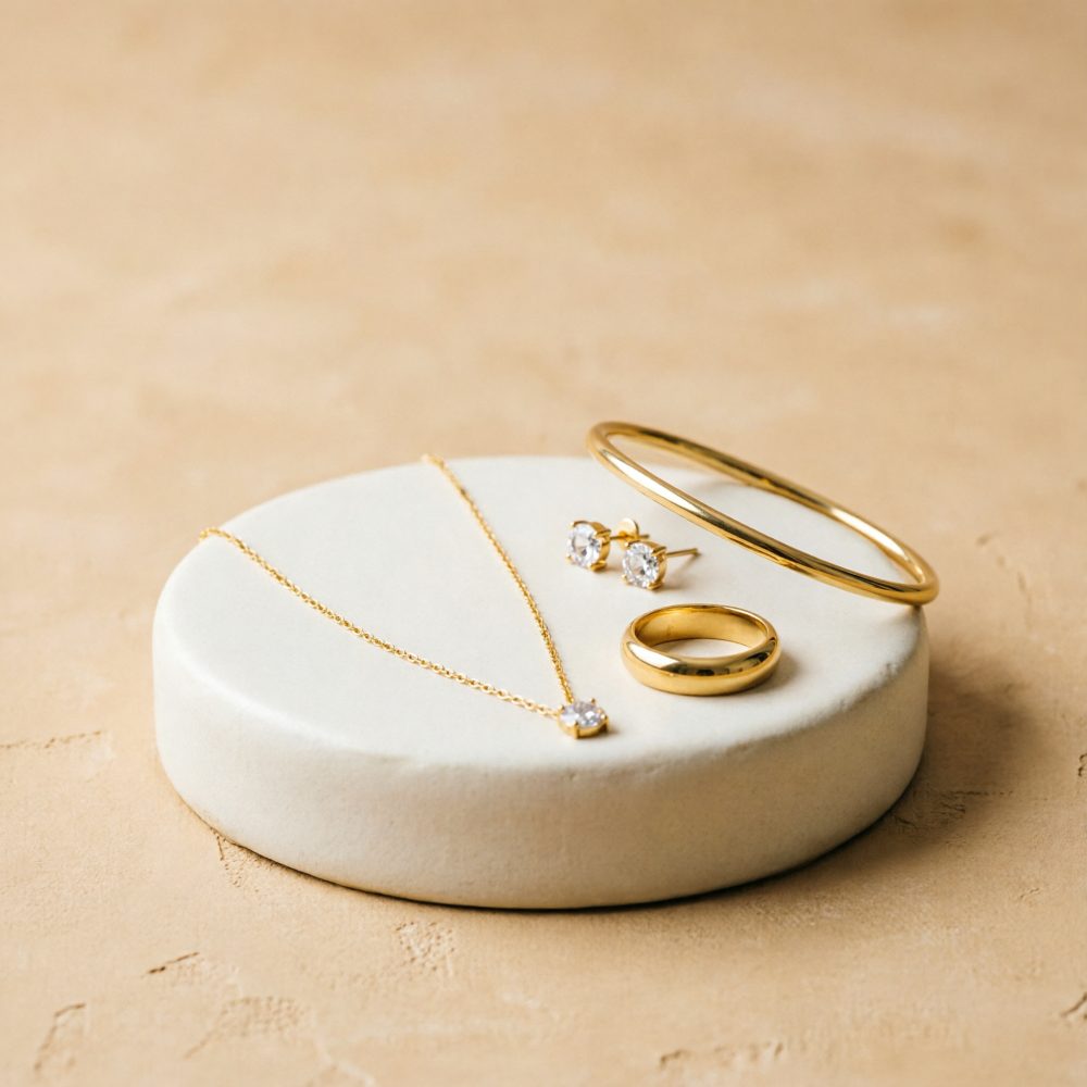 Conjunto de joias em ouro composto por colar, anel, pulseira e brincos com pedras brilhantes sobre suporte branco