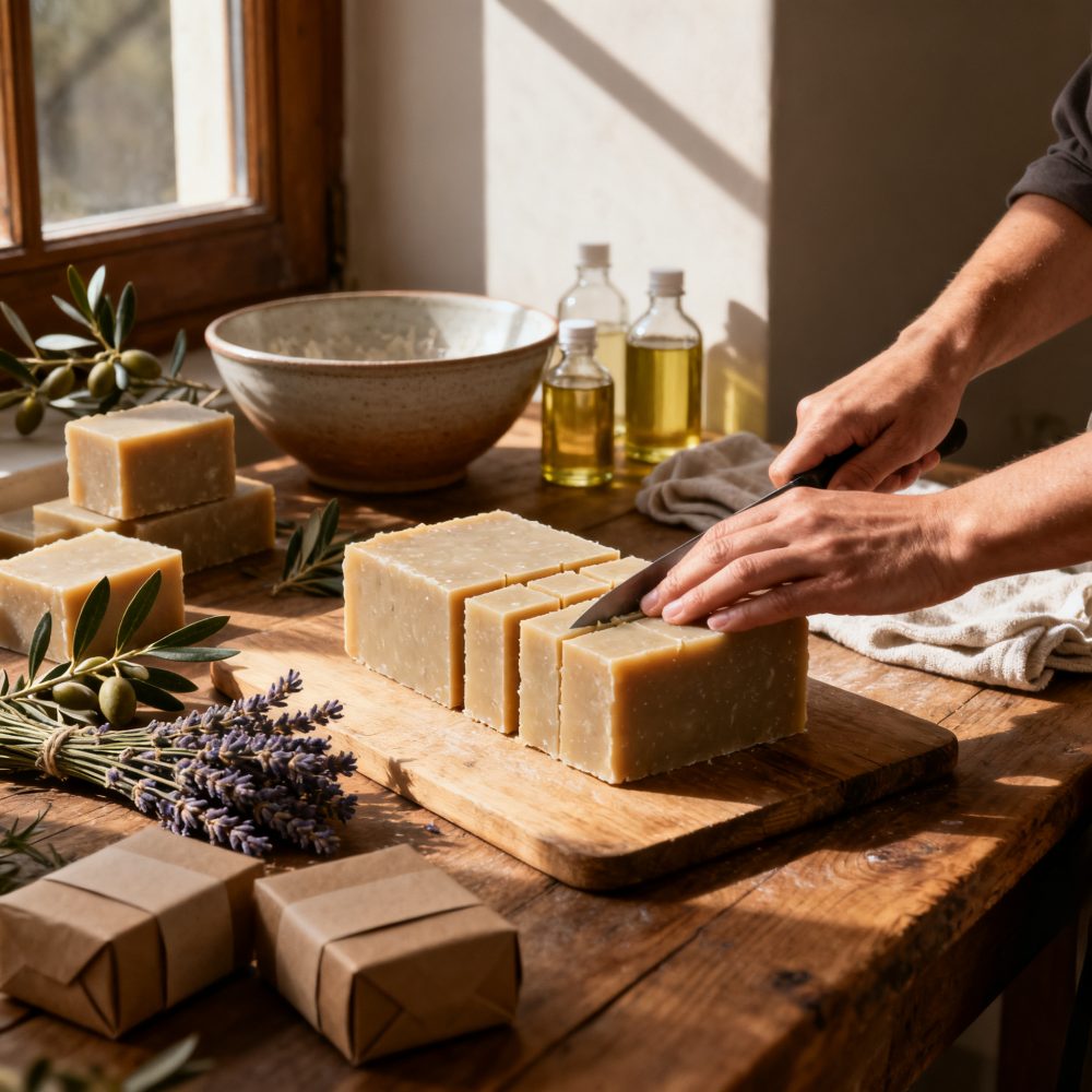 Pessoa a cortar sabão artesanal com lavanda e óleo natural numa mesa de madeira