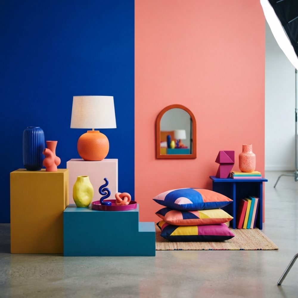 Almofadas coloridas, vasos artísticos, luminária e espelho sobre fundos azul e coral em decoração vibrante
