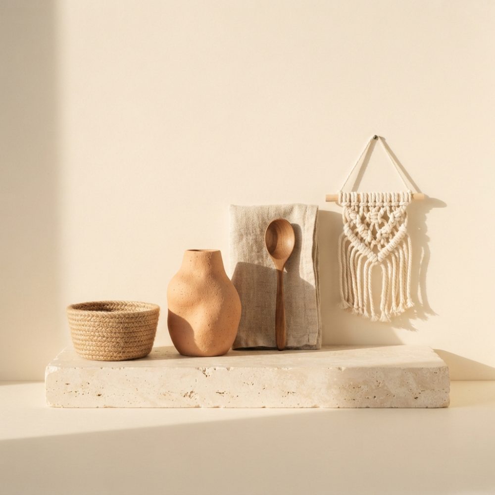 Conjunto de decoração artesanal com vaso de barro, cesto, colher em madeira e tapeçaria macramé