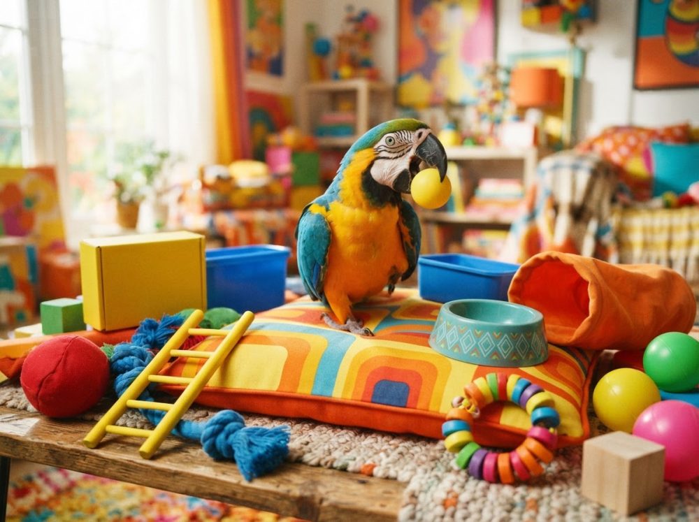 Papagaio azul e amarelo com bola amarela no bico rodeado de brinquedos coloridos sobre almofada