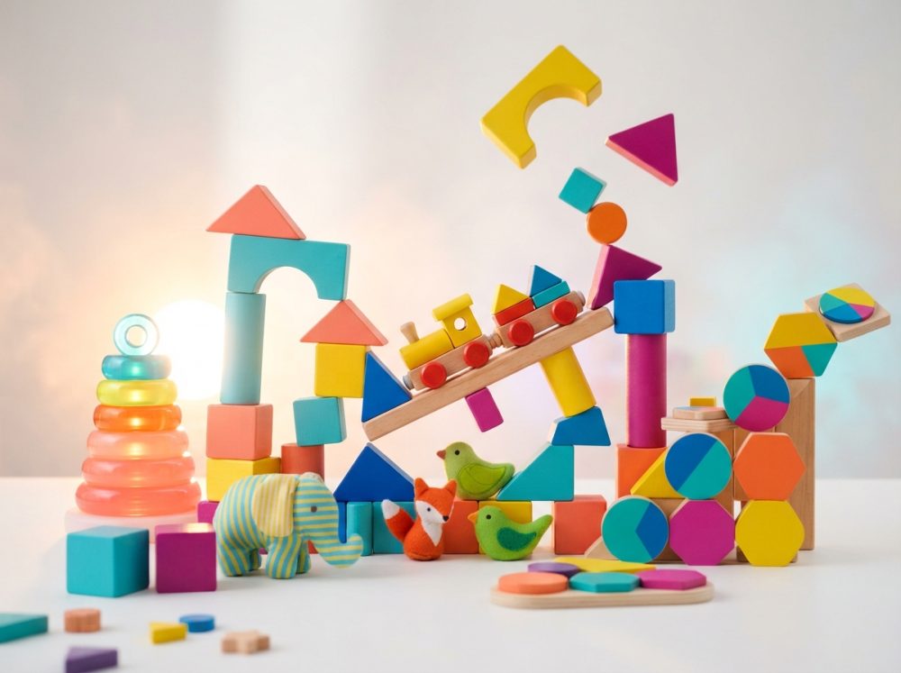 Conjunto colorido de brinquedos de madeira com blocos e figuras de animais organizados numa superfície clara