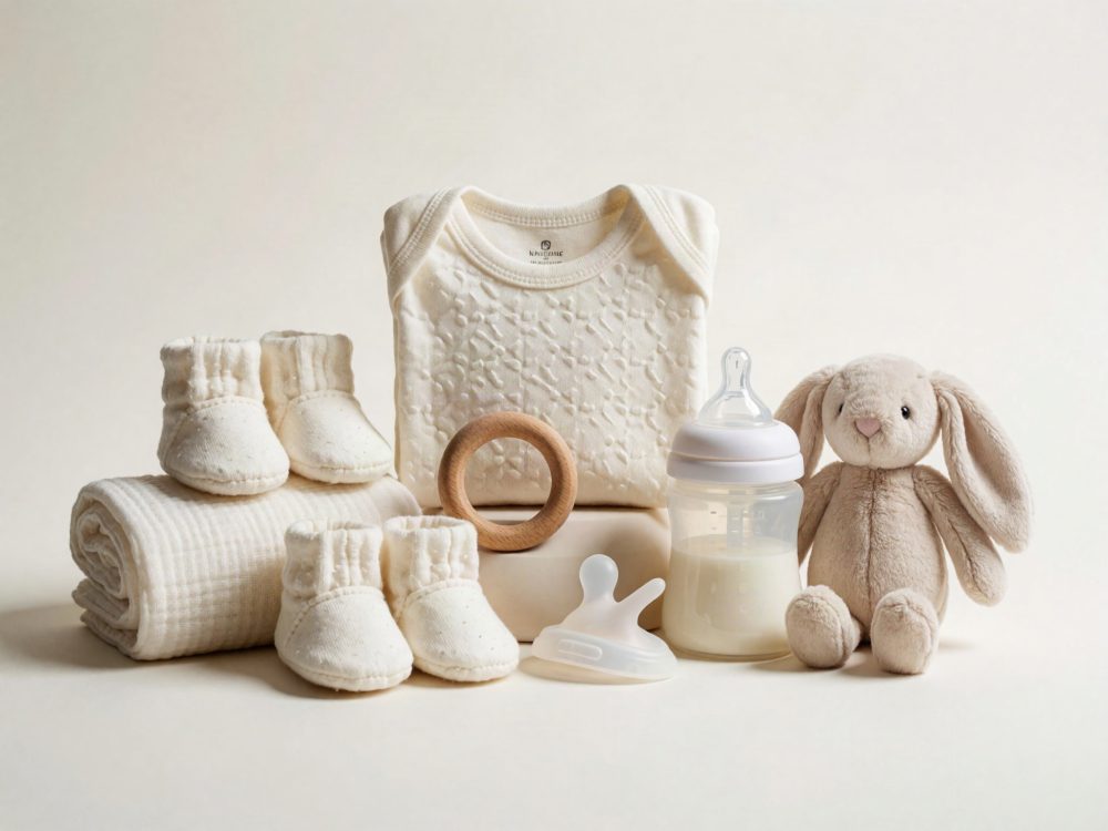 Conjunto de roupa, biberão, chupeta, anel de madeira e peluche coelho para bebé em fundo neutro.