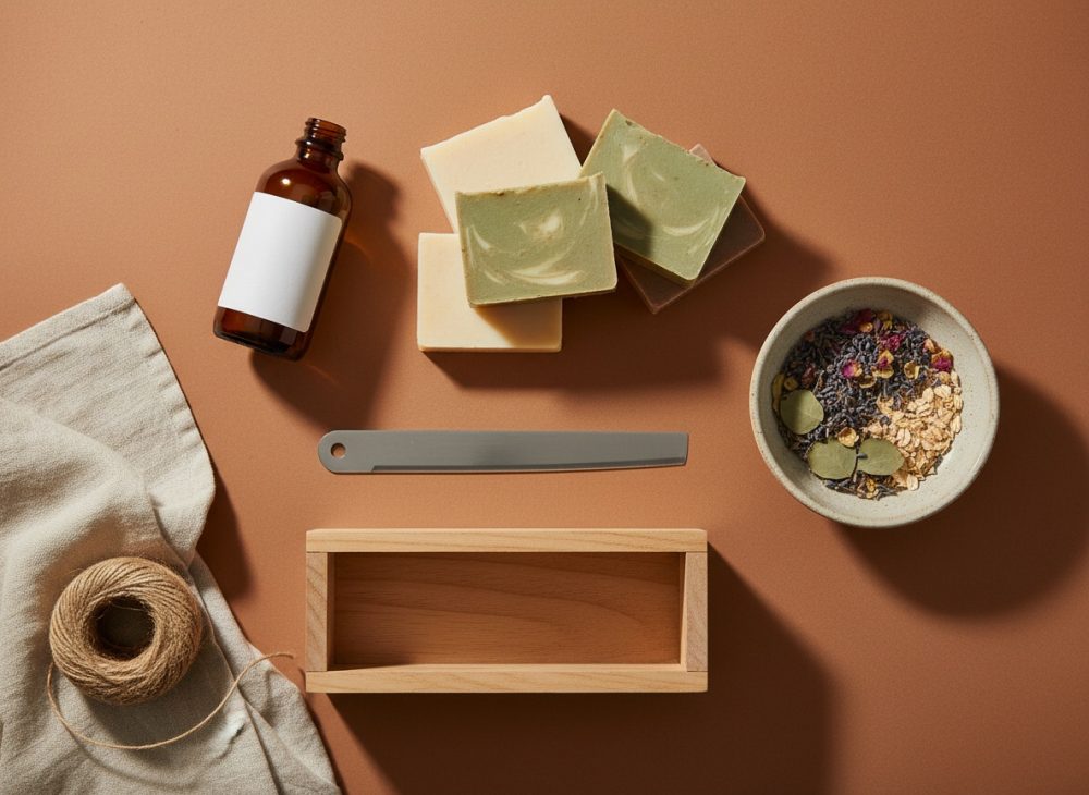 Kit de saboaria com sabonetes artesanais, frasco âmbar, especiarias, corda e caixa de madeira