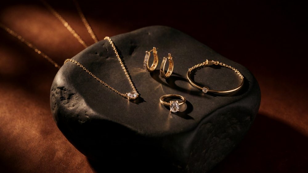 Conjunto de joalharia em ouro com diamantes sobre pedra preta em fundo castanho