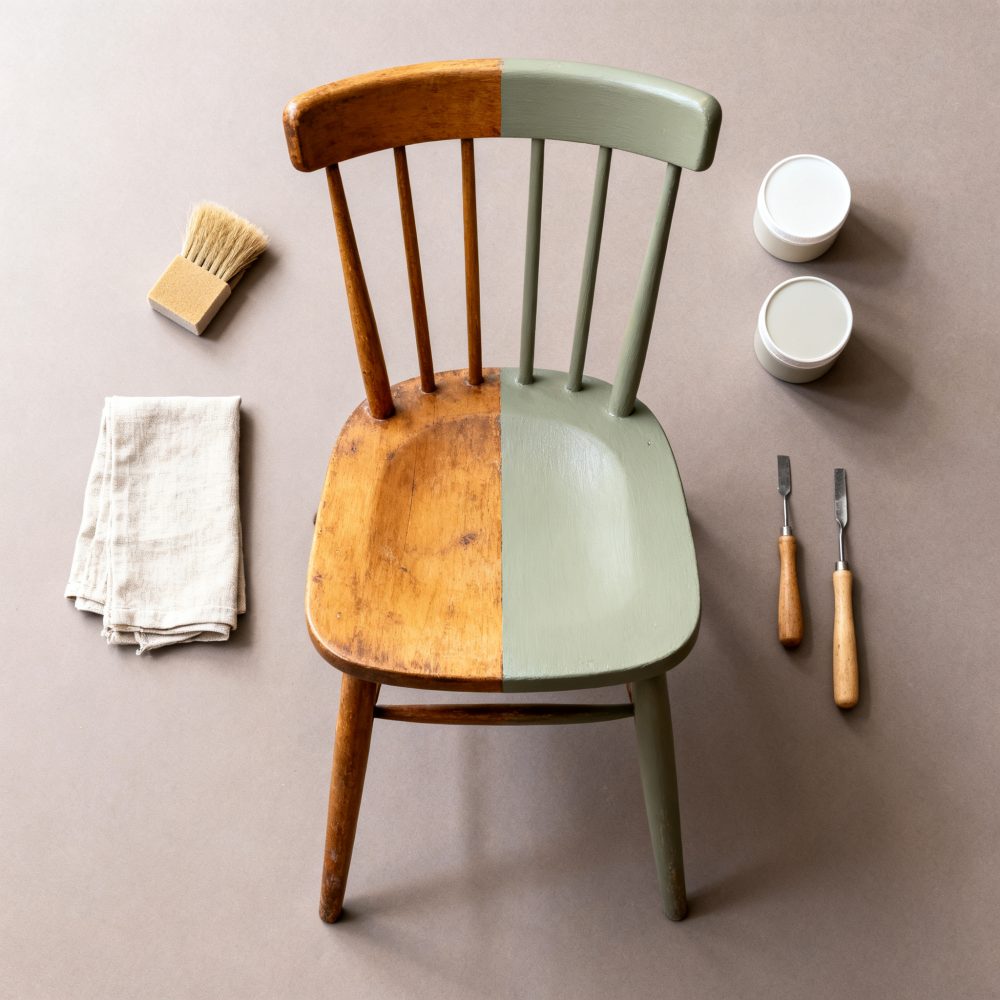 Cadeira de madeira meio restaurada com ferramentas e tintas para restauro ao lado