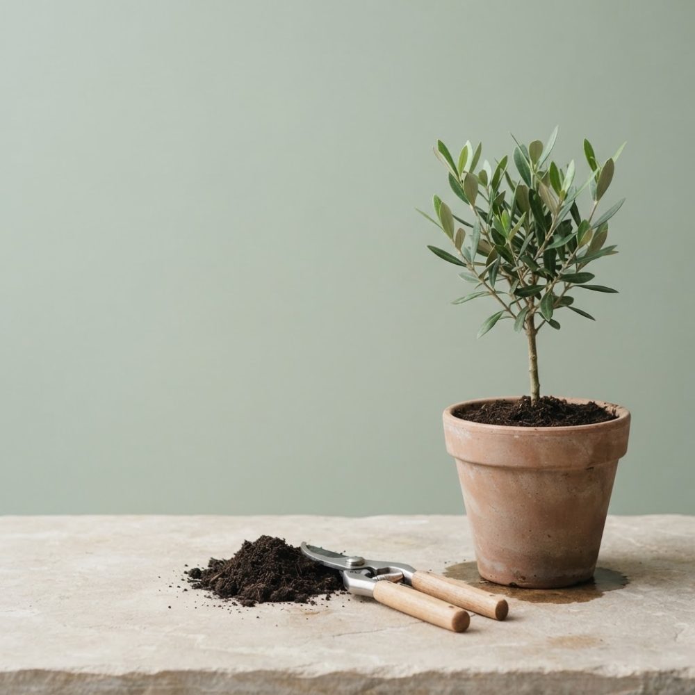 Pequena oliveira em vaso de barro com terra e tesoura de poda sobre mesa de pedra