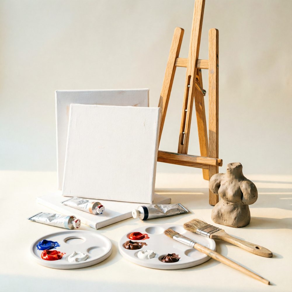 Materiais artísticos com cavalete, telas brancas, tintas, paletas, pincéis e escultura em barro