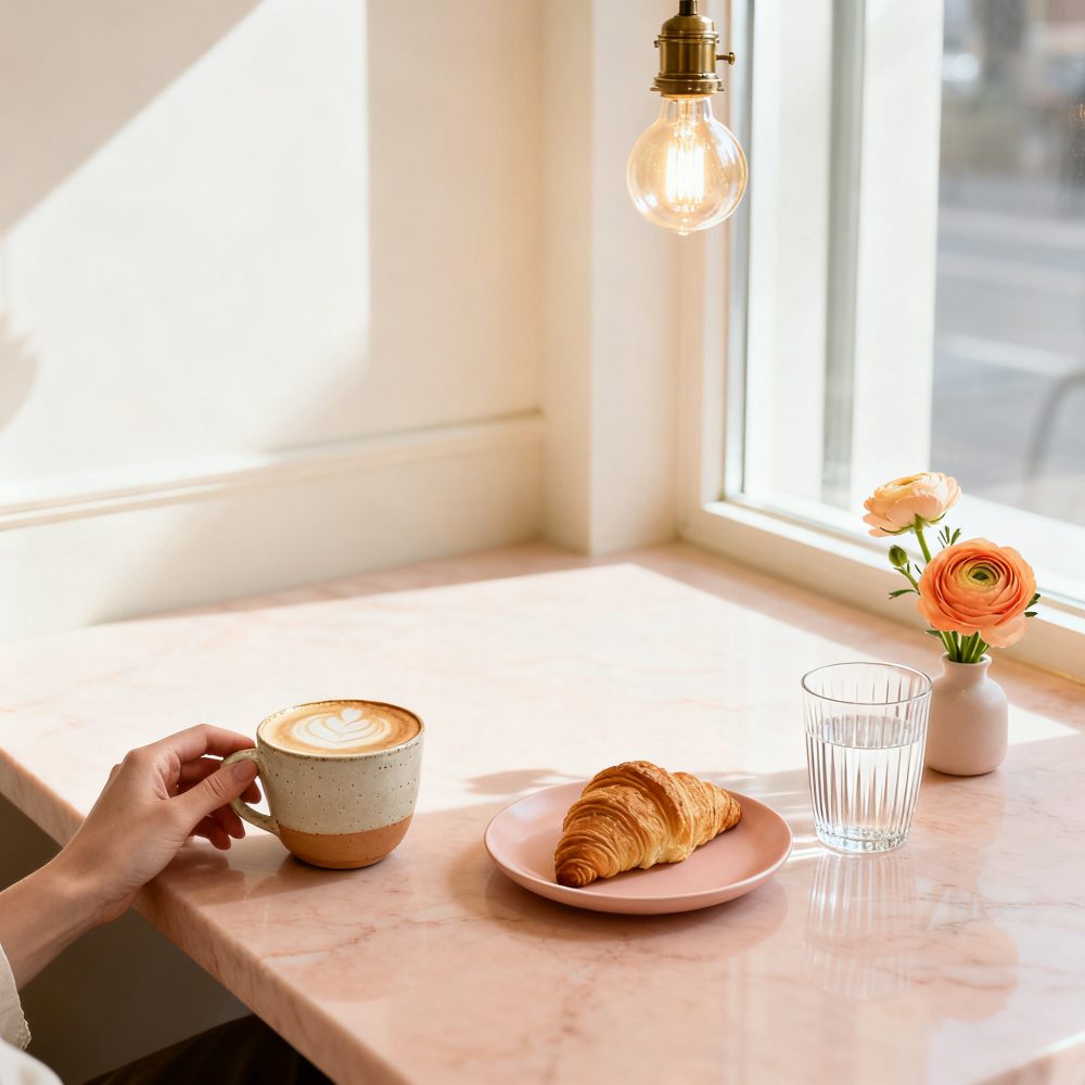 Mão segurando chávena de café latte ao lado de croissant, vaso de flores e copo de água numa mesa junto à janela