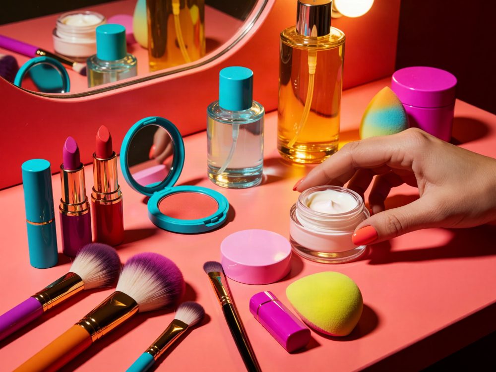 Mão segura pote de creme com batons, pincéis, espelho e produtos de maquilhagem sobre mesa cor de rosa