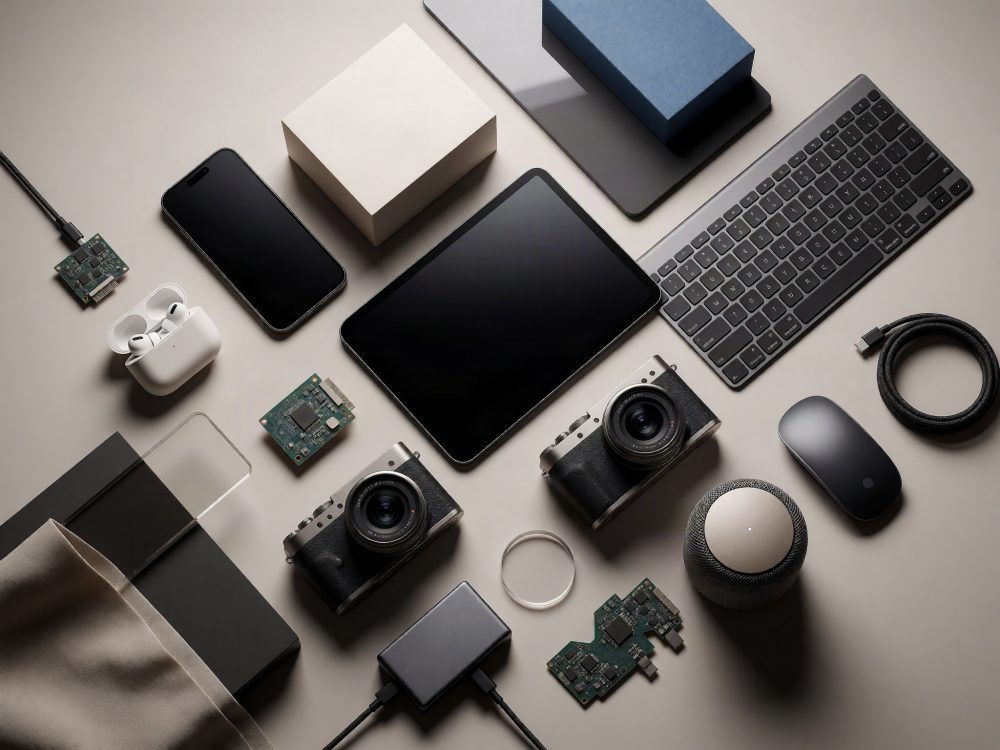 Conjunto de gadgets tecnológicos como tablets, telemóveis, câmeras, auscultadores, teclado e componentes eletrónicos organizados sobre fundo neutro.