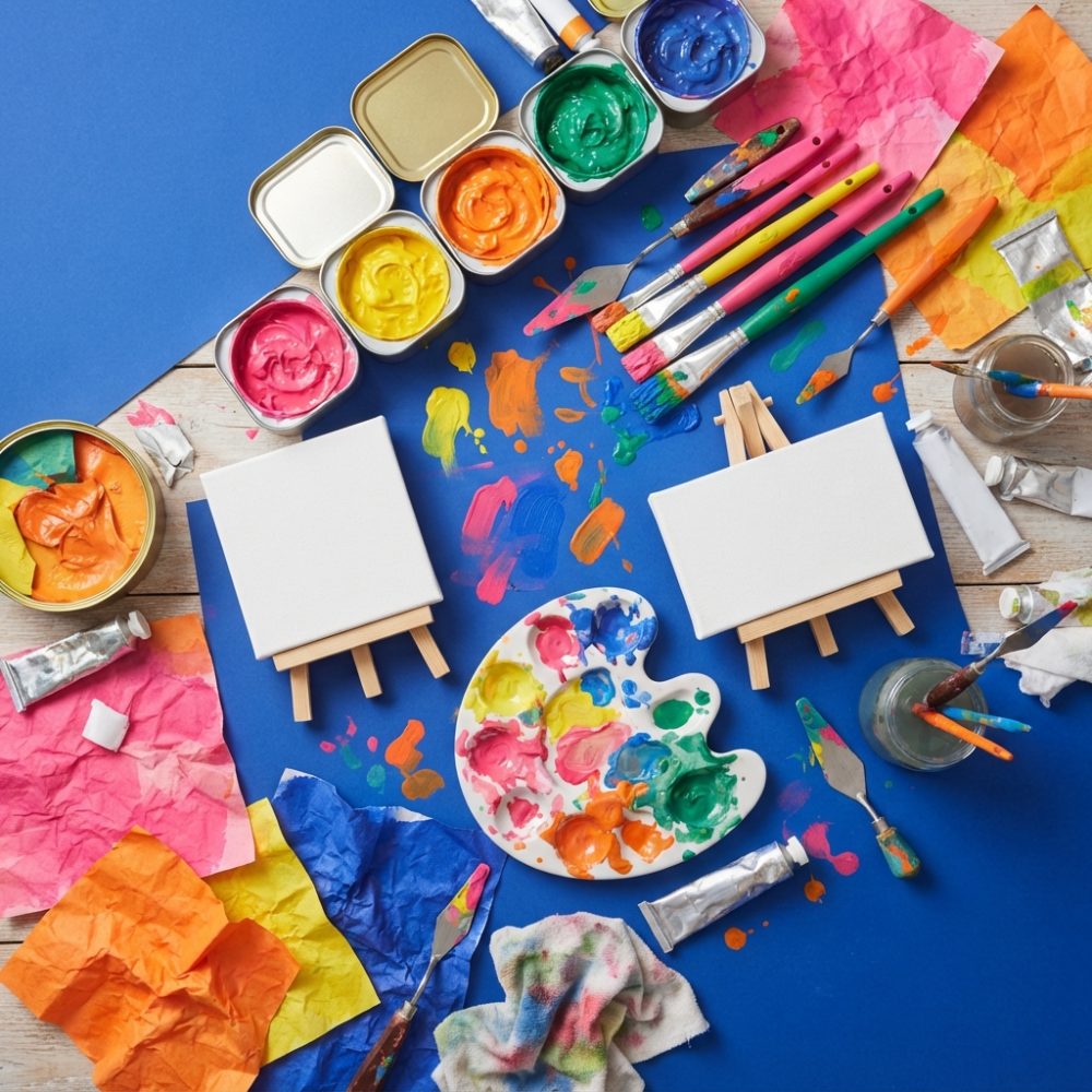 Material de pintura com tintas, pincéis, paleta e telas em cavaletes sobre fundo azul