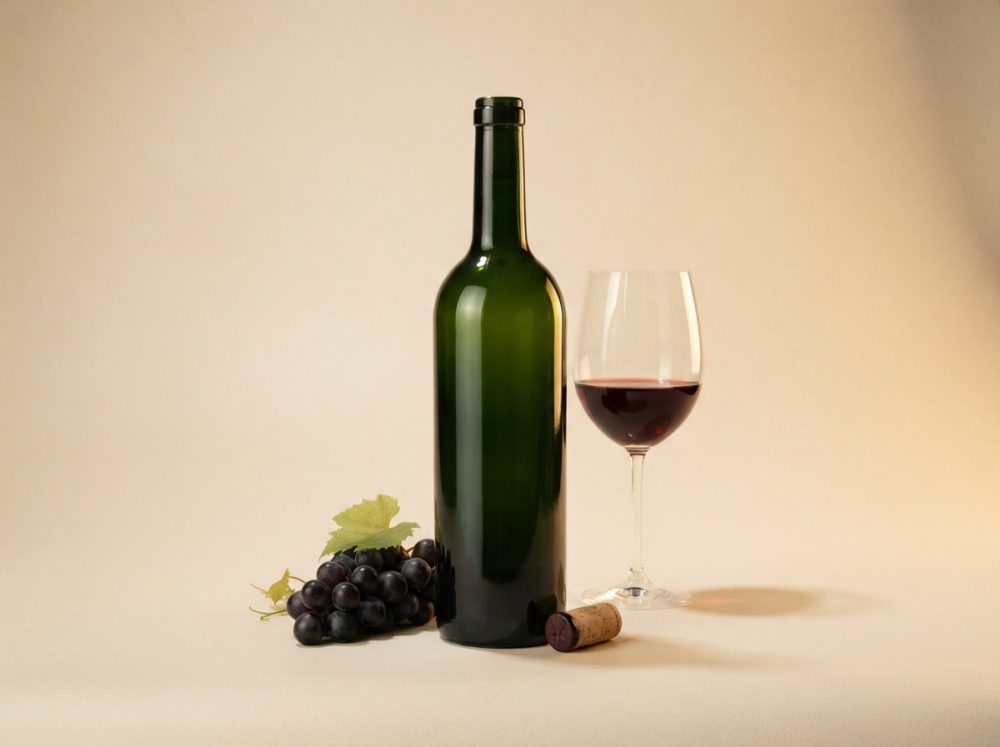 Garrafa verde de vinho tinto, copo com vinho vermelho e cachos de uvas pretas sobre fundo claro